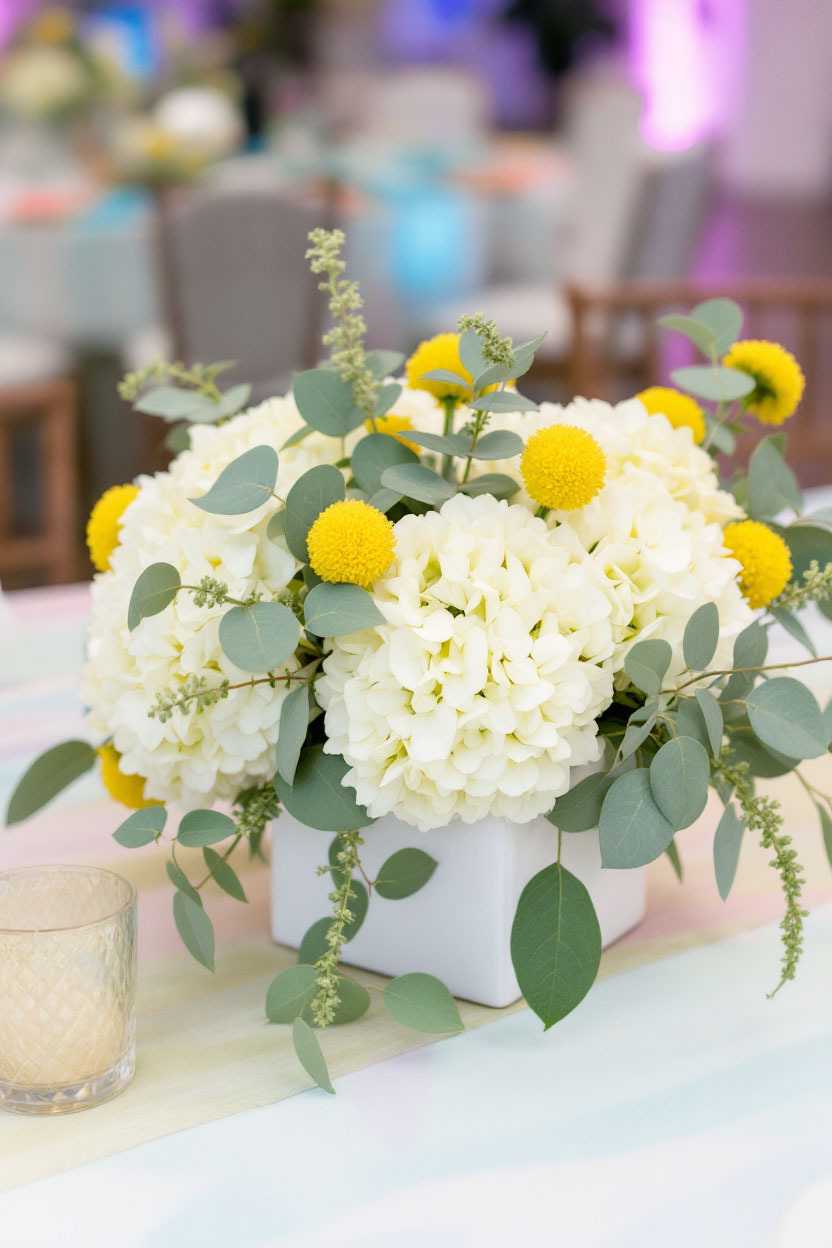 Yellow and White Hydrangea Centerpiece in a White Cube Vase Add a pop of sunshine to your tables with white hydrangeas, yellow billy balls, and eucalyptus arranged in a White Cube Vase.