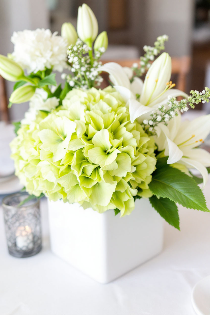 Green Hydrangea and Lisianthus Centerpiece in a White Cube Vase This low, lush centerpiece features green hydrangea, white lisianthus, and pittosporum for a spring garden vibe in a White Cube Vase.