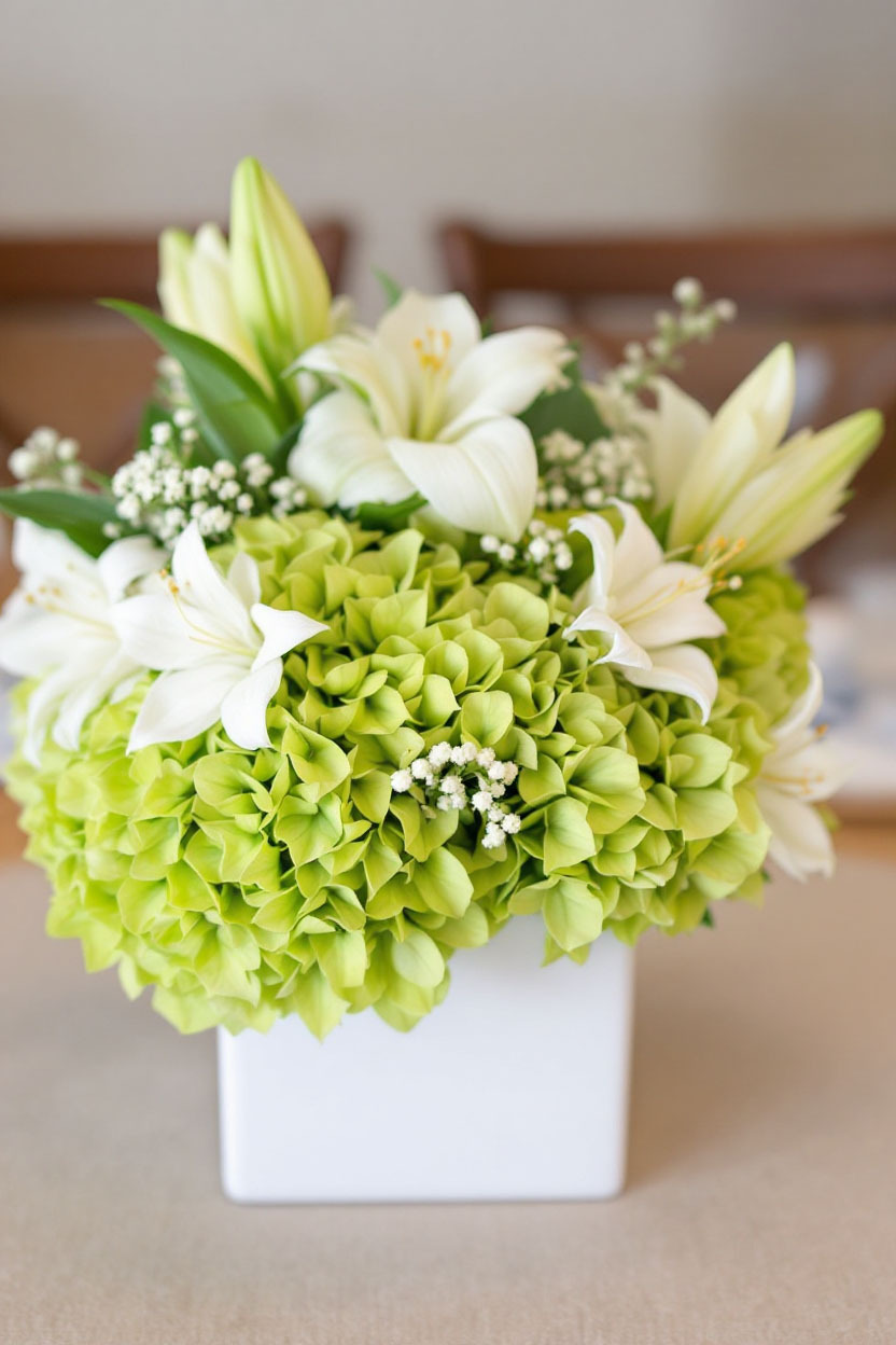 White Cube Vase Centerpiece with Green Hydrangea and Fresh White Florals Bring a fresh, organic look to your table with a combination of green hydrangeas and airy white lisianthus. A favorite for tented weddings and brunch events
