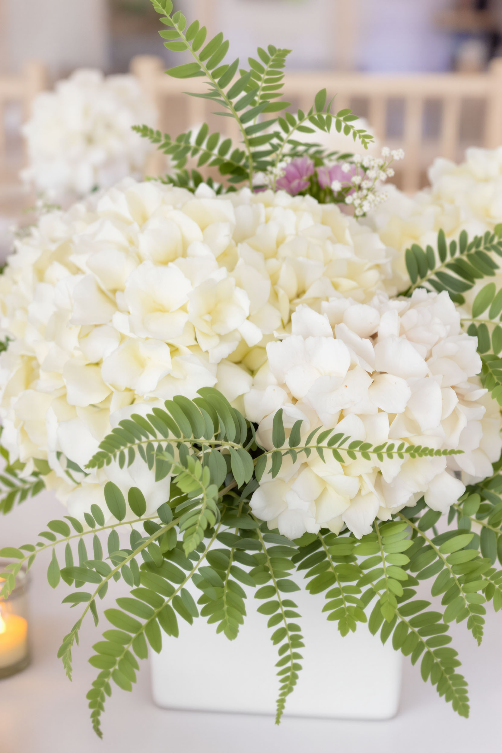 Low White Hydrangea Centerpiece with Leatherleaf in a Cube Vase For effortless styling with big impact, pair white hydrangea with leatherleaf fern in a modern White Cube Vase. This arrangement is ideal for guest tables where conversation flows and the look stays classic.