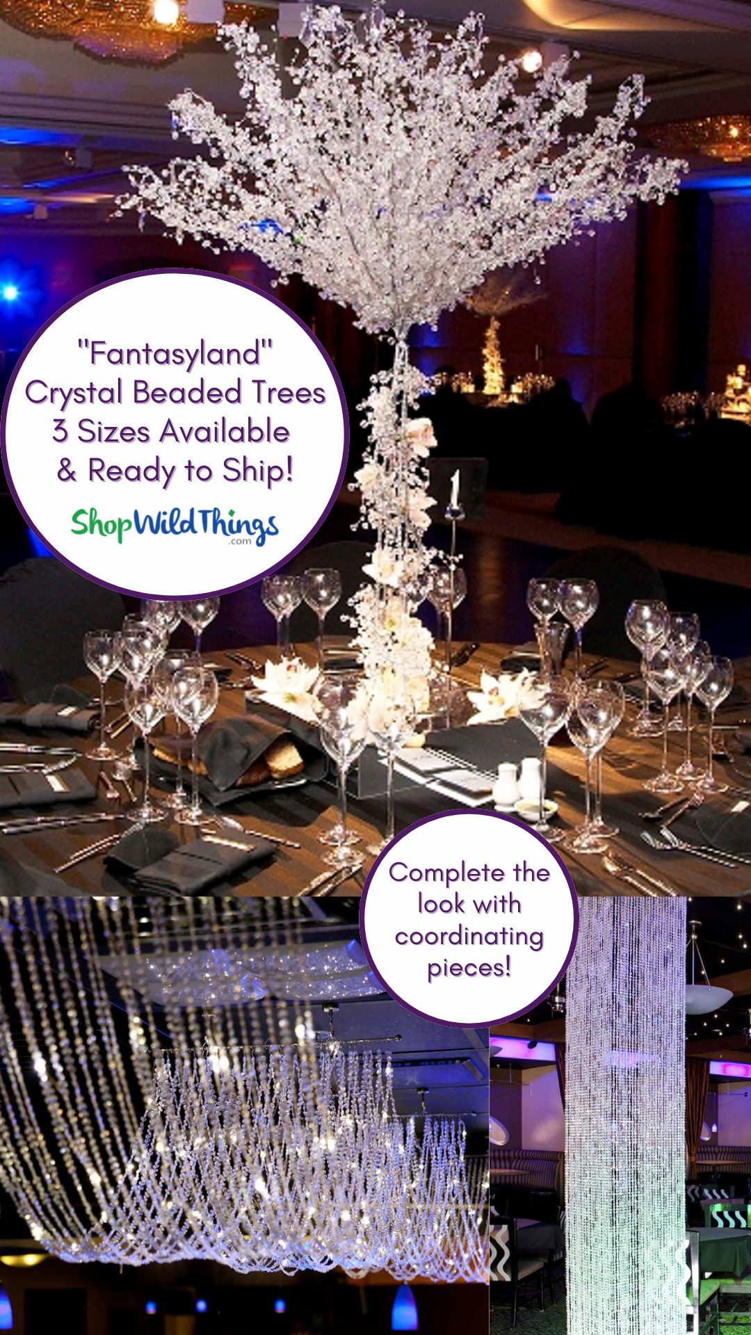 Crystal Beaded Fantasyland Trees by ShopWildThings for Winter Wonderland Party Decor pair great with crystal beaded columns and crystal beaded ceiling swags, also available at ShopWildThings.com