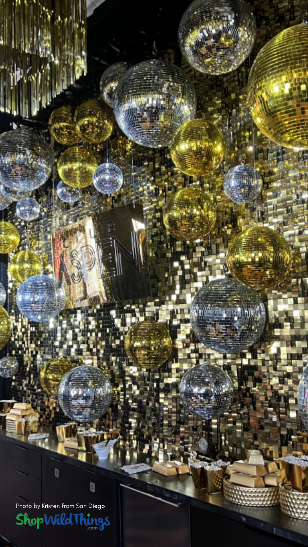 Gold and Silver Disco Ball Shimmer Wall for New Year's by ShopWildThings.com