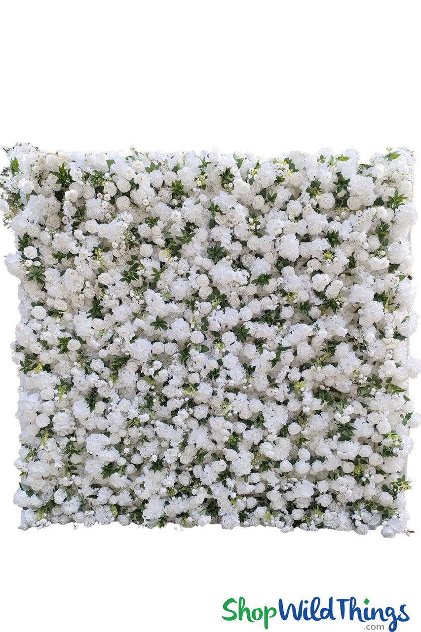 Image of 8' x 8' Easy Roll-Up 3D Flower Wall (Fabric Backed) Super Premium White Rose & Greenery - Rod Pocket Top!