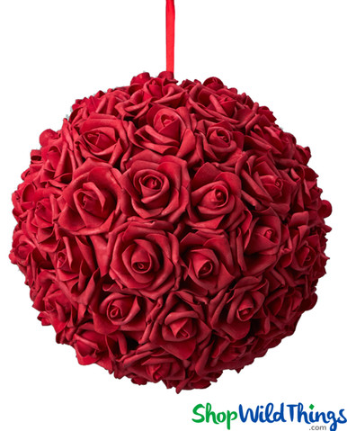 Real Feel Flower Ball - Foam Rose - Pomander Kissing Ball - 11 1/2 Red