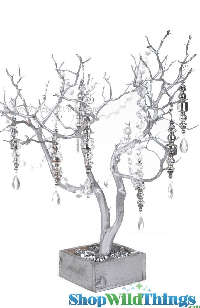 Image of Natural Manzanita Tree in Wood Base - Matte Metallic Silver - 2 Feet Tall