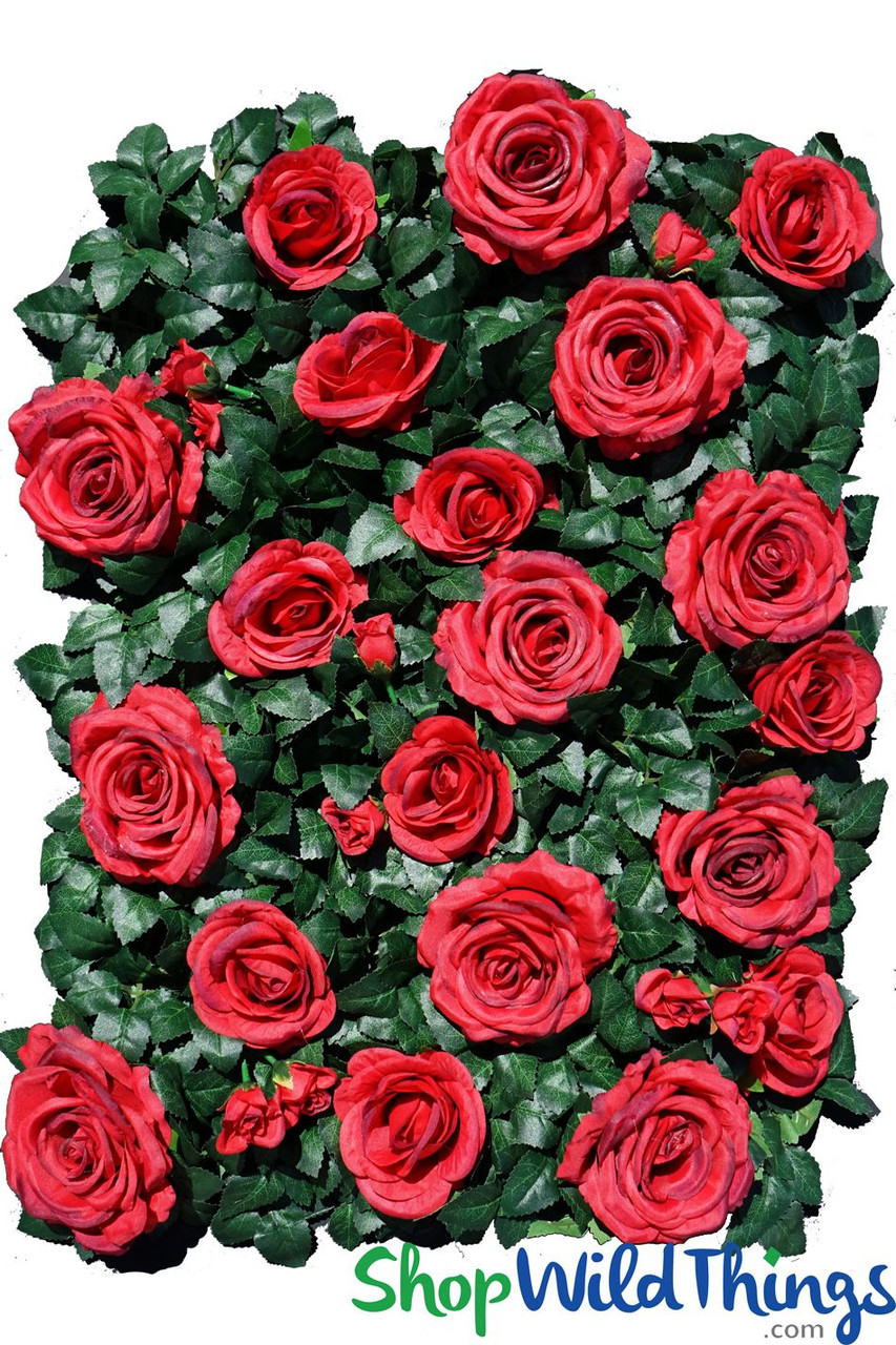 Image of Flower Wall 15.5" x 23" Premium Silk Roses & Green Leaves - Red