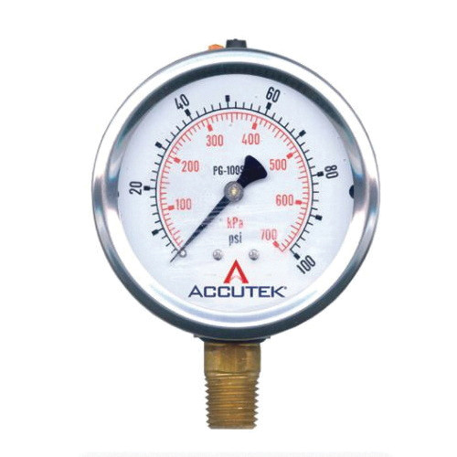 Accutek PG-100SG25 Pressure Gauge, 0 to 100 psi, 0 to 700 kPa Pressure, 1/4 in Connection, 2-1/2 in Dia Dial, 1.5% Full Scale Accuracy
