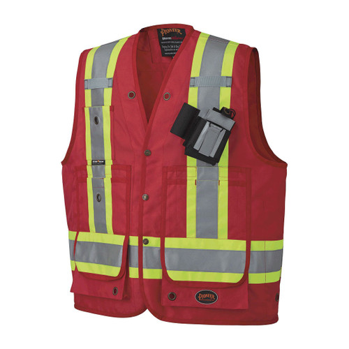 HI-VIS CSA 600D PU-COATED OXFORD POLY SURVEYOR'S VEST - SNAP CLOSURE - RED - L