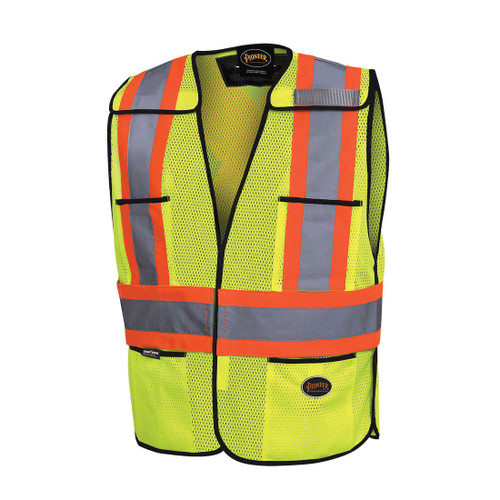 PIONEER V1020810-O/S Tear Away Safety Vest, Universal, Hi-Viz Yellow/Green, Polyester Mesh, 4 Pockets, ANSI Class: Class 2, CSA Z96-02 Class 2 Level 2