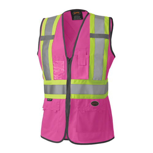 PIONEER V1021840-XL Safety Vest, XL, Pink, Tricot Polyester, Full Front Zipper Closure, 4 Pockets, ANSI Class: Class 1, ANSI/ISEA 107-15 Class 1 Type O, CSA Z96-15 Class 1 Level 2