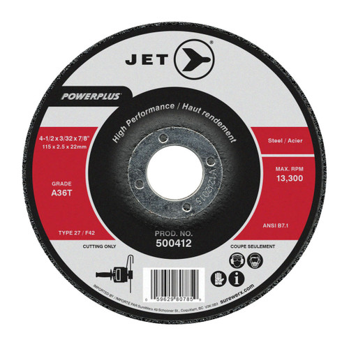 JET POWERPLUS 500412 High Performance Cut-Off Wheel, 4-1/2 in Dia x 3/32 in THK, 7/8 in Center Hole, A36T Grit, Aluminum Oxide Abrasive