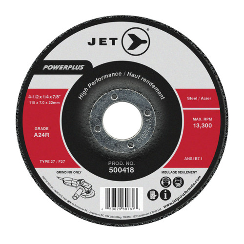 JET POWERPLUS 500418 High Performance Depressed Centre Grinding Wheel, 4-1/2 in Dia x 1/4 in THK, 7/8 in Center Hole, A24R Grit, Aluminum Oxide Abrasive