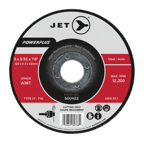JET POWERPLUS 500422 High Performance Cut-Off Wheel, 5 in Dia x 3/32 in THK, 7/8 in Center Hole, A36T Grit, Aluminum Oxide Abrasive