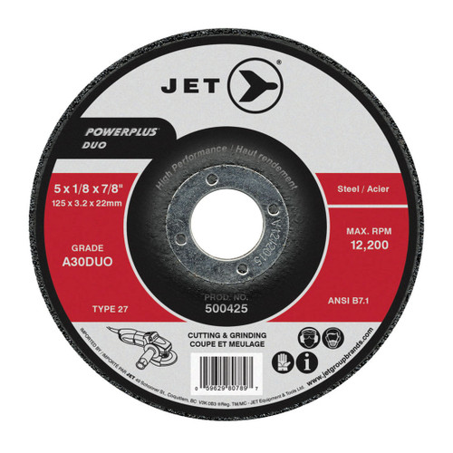 JET POWERPLUS 500425 Combo High Performance DUO Cutting/Grinding Wheel, 5 in Dia x 1/8 in THK, 7/8 in Center Hole, A30DUO Grit, Aluminum Oxide Abrasive