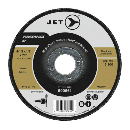 JET POWERPLUS 500561 High Performance NF Cut-Off Wheel, 4-1/2 in Dia x 1/8 in THK, 7/8 in Center Hole, AL30 Grit