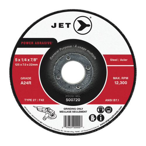 JET POWER ABRASIVE 500720 General Purpose Depressed Centre Grinding Wheel, 5 in Dia x 1/4 in THK, 7/8 in Center Hole, A24R Grit, Aluminum Oxide Abrasive