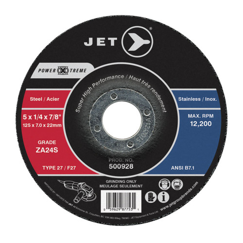 JET POWER-XTREME 500928 Super High Performance Depressed Centre Grinding Wheel, 5 in Dia x 1/4 in THK, 7/8 in Center Hole, ZA24S Grit, Zirconia Alumina Abrasive