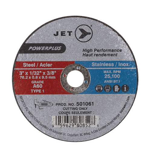 JET POWERPLUS 501061 High Performance Cut-Off Wheel, 3 in Dia x 1/32 in THK, 3/8 in Center Hole, A60 Grit, Aluminum Oxide Abrasive