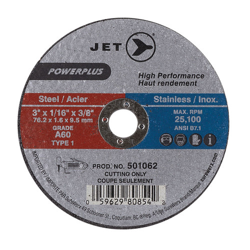 JET POWERPLUS 501062 High Performance Cut-Off Wheel, 3 in Dia x 1/16 in THK, 3/8 in Center Hole, A60 Grit, Aluminum Oxide Abrasive
