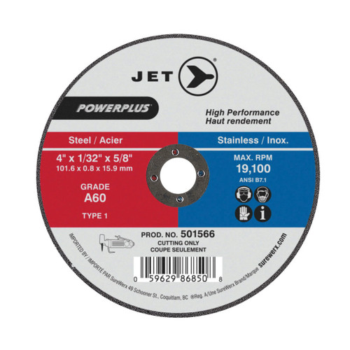 JET POWERPLUS 501066 High Performance Cut-Off Wheel, 4 in Dia x 1/32 in THK, 5/8 in Center Hole, A60 Grit, Aluminum Oxide Abrasive