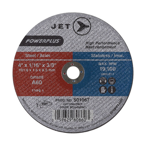 JET POWERPLUS 501067 High Performance Cut-Off Wheel, 4 in Dia x 1/16 in THK, 3/8 in Center Hole, A60 Grit, Aluminum Oxide Abrasive