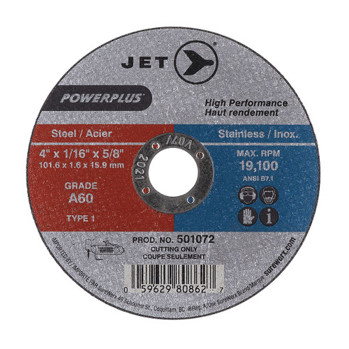 JET POWERPLUS 501072 High Performance Cut-Off Wheel, 4 in Dia x 1/16 in THK, 5/8 in Center Hole, A60 Grit, Aluminum Oxide Abrasive