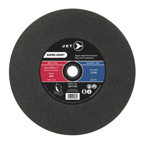 JET SUPER CHOP 501143 Super High Performance Cut-Off Wheel, 12 in Dia x 3/32 in THK, 1 in Center Hole, A36 Grit, Aluminum Oxide Abrasive