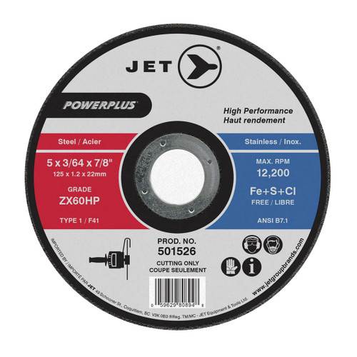 JET POWERPLUS 501526 High Performance Cut-Off Wheel, 5 in Dia x 3/64 in THK, 7/8 in Center Hole, ZX60HP Grit