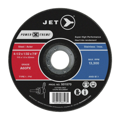 JET POWER-XTREME 501570 Super High Performance Cut-Off Wheel, 4-1/2 in Dia x 1/32 in THK, 7/8 in Center Hole, A60PX Grit, Aluminum Oxide Abrasive