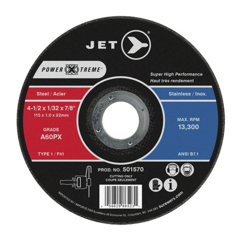JET POWER-XTREME 501571 Super High Performance Cut-Off Wheel, 4-1/2 in Dia x 3/64 in THK, 7/8 in Center Hole, A60PX Grit, Aluminum Oxide Abrasive