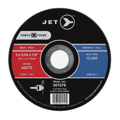 JET POWER-XTREME 501576 Super High Performance Cut-Off Wheel, 5 in Dia x 3/64 in THK, 7/8 in Center Hole, A60PX Grit, Aluminum Oxide Abrasive