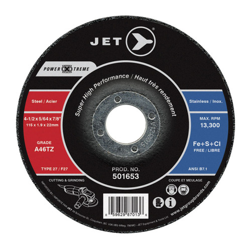 JET POWER-XTREME 501653 Combo Super High Performance DUO Cut-Off and Light Grinding Wheel, 4-1/2 in Dia x 5/64 in THK, 7/8 in Center Hole, A46PX-DUO Grit, Aluminum Oxide Abrasive