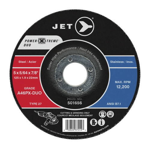 JET POWER-XTREME 501656 Combo Super High Performance DUO Cut-Off and Light Grinding Wheel, 5 in Dia x 5/64 in THK, 7/8 in Center Hole, A46PX-DUO Grit, Aluminum Oxide Abrasive