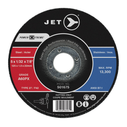 JET POWER-XTREME 501671 Super High Performance Cut-Off Wheel, 4-1/2 in Dia x 3/64 in THK, 7/8 in Center Hole, A60PX Grit, Aluminum Oxide Abrasive