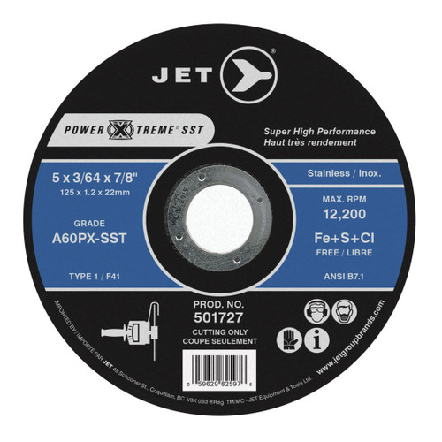JET POWER-XTREME 501722 Super High Performance SST Cut-Off Wheel, 4-1/2 in Dia x 3/64 in THK, 7/8 in Center Hole, A60PX-SST Grit, Aluminum Oxide Abrasive
