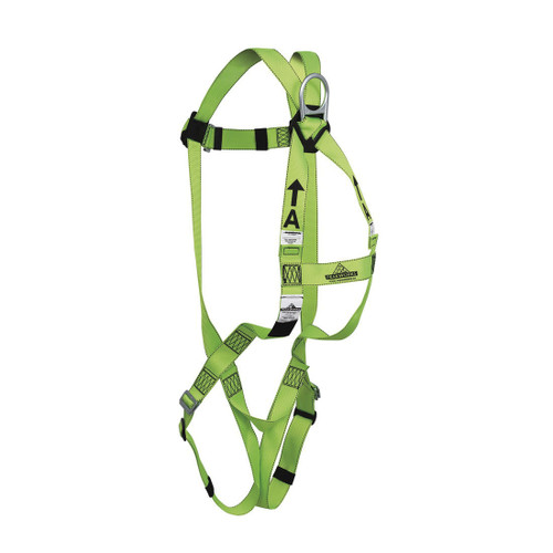 PEAKWORKS V8001000 Compliance 3-Point Adjustment Safety Harness, Universal, 400 lb Load, Pass-Thru Leg Strap Buckle, Pass-Thru Chest Strap Buckle, Friction Shoulder Strap Buckle, Hi-Viz Green