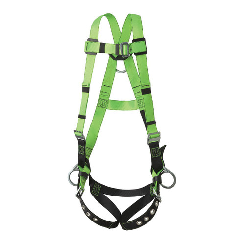 PEAKWORKS V8002210 Contractor 5-Point Adjustment Safety Harness, Universal, 400 lb Load, Grommet Leg Strap Buckle, Pass-Thru Chest Strap Buckle, Friction Shoulder Strap Buckle, Hi-Viz Green/Black