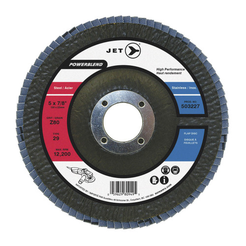 JET POWERBLEND 503213 High Performance Flap Disc, 4-1/2 in Dia Disc, 7/8 in Center Hole, Z40 Grit, Medium Grade, Zirconia Abrasive, Type 29 Disc