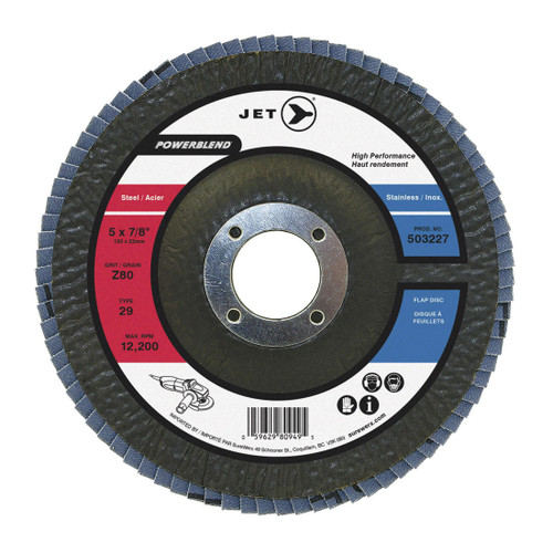 JET POWERBLEND 503217 High Performance Flap Disc, 4-1/2 in Dia Disc, 7/8 in Center Hole, Z80 Grit, Fine Grade, Zirconia Abrasive, Type 29 Disc