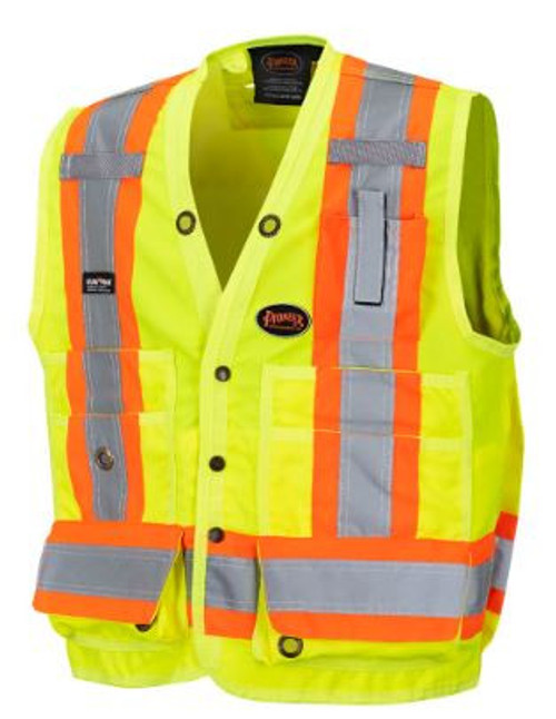 HI-VIS 150D POLY TWILL SURVEYOR'S SAFETY VEST - SNAP CLOSURE - HI-VIS YELLOW/GREEN - M