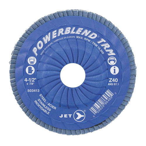 JET POWERBLEND 503413 High Performance TRM Flap Disc, 4-1/2 in Dia Disc, 7/8 in Center Hole, Z40 Grit, Medium Grade, Zirconia Abrasive, Type 29 Trimmable Disc