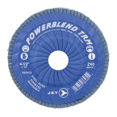 JET POWERBLEND 503415 High Performance TRM Flap Disc, 4-1/2 in Dia Disc, 7/8 in Center Hole, Z60 Grit, Medium Grade, Zirconia Abrasive, Type 29 Trimmable Disc