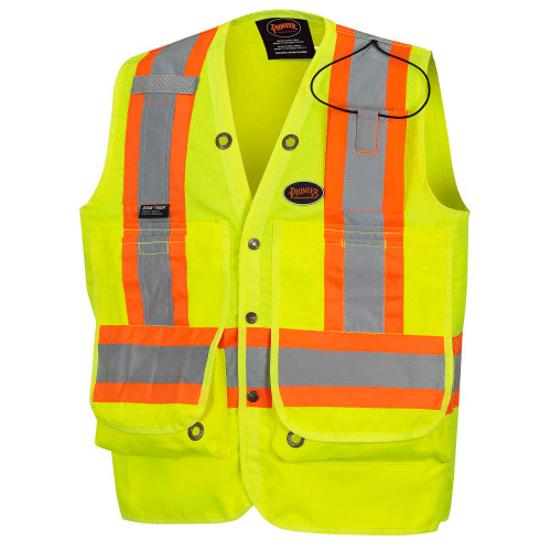 PIONEER V1010340-3XL Surveyors Safety Vest, 3XL, Hi-Viz Yellow/Green, 600D Oxford Polyester/PU Coated, 15 Pockets, ANSI Class: Class 2, ANSI/ISEA 107-15 Class 2 Type P and R, CSA Z96-15 Class 2 Level 2