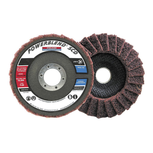 JET POWERBLEND 503525 SCD SURFACE CONDITIONING SUPER HIGH PERFORMANCE NON-WOVEN FLAP DISC, 5 IN DIA DISC, 7/8 IN CENTER HOLE, MEDIUM GRADE, TYPE 29 DISC