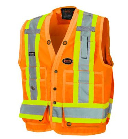 HI-VIS 150D POLY TWILL SURVEYOR'S SAFETY VEST - SNAP CLOSURE - HI-VIS ORANGE - XL