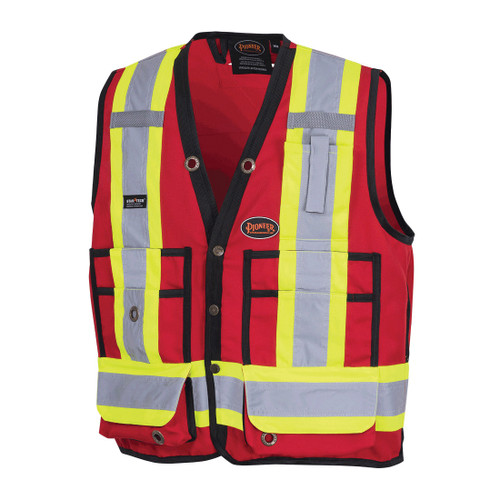 HI-VIS 150D POLY TWILL SURVEYOR'S SAFETY VEST - SNAP CLOSURE - RED - L