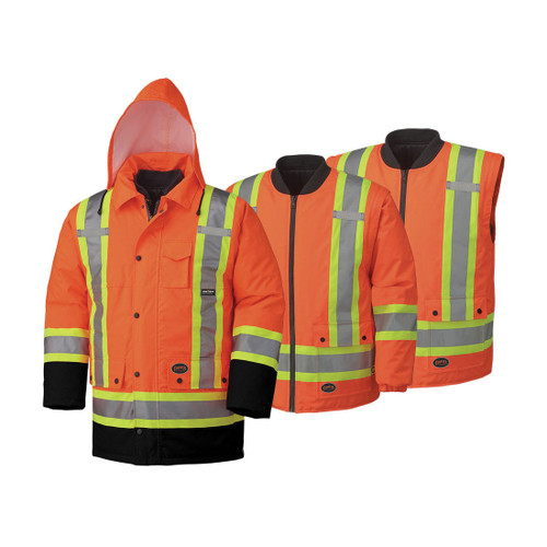 PIONEER V1120151-L 7-in-1 Safety Parka, Womens, L, Hi-Viz Orange, 300D PU Coated Oxford Polyester, Resists: Water and Wind, CSA Z96-15 Class 2 Level 2, ANSI/ISEA 107-15 Class 3 Type P/R, Detachable Hood