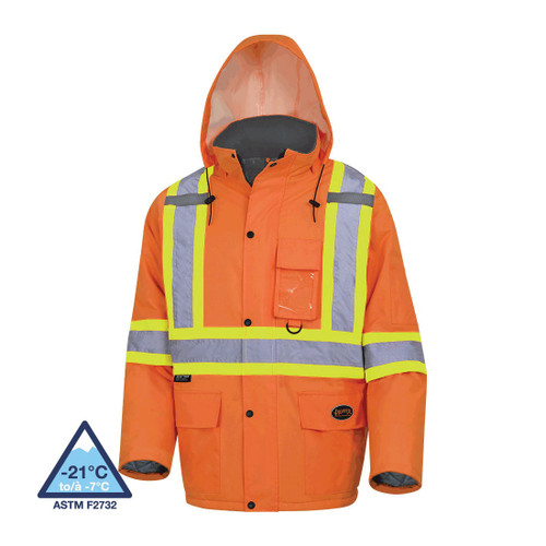 PIONEER V1150150-2XL Quilted Safety Parka, Womens, 2XL, Hi-Viz Orange, 300D PU Coated Oxford Polyester, Resists: Water and Wind, CSA Z96-15 Class 2 Level 2, ANSI/ISEA 107-15 Class 3 Type P/R, Adjustable Hood