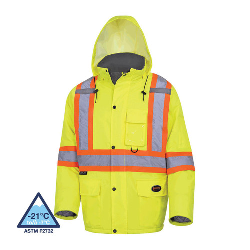 PIONEER V1150160-XL Quilted Safety Parka, Womens, XL, Hi-Viz Yellow/Green, 300D PU Coated Oxford Polyester, Resists: Water and Wind, CSA Z96-15 Class 2 Level 2, ANSI/ISEA 107-15 Class 3 Type P/R, Adjustable Hood