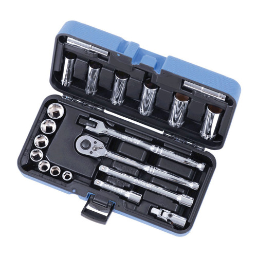 JET 600229 Socket Wrench Set, ANSI Specified, Canadian Government Specification CDA39-GP-12b, US Federal Specification GGG-W-641E, 6 Points, 3/8 in Drive, 21 Pieces, Blow Mold Case with Removable Lid Container